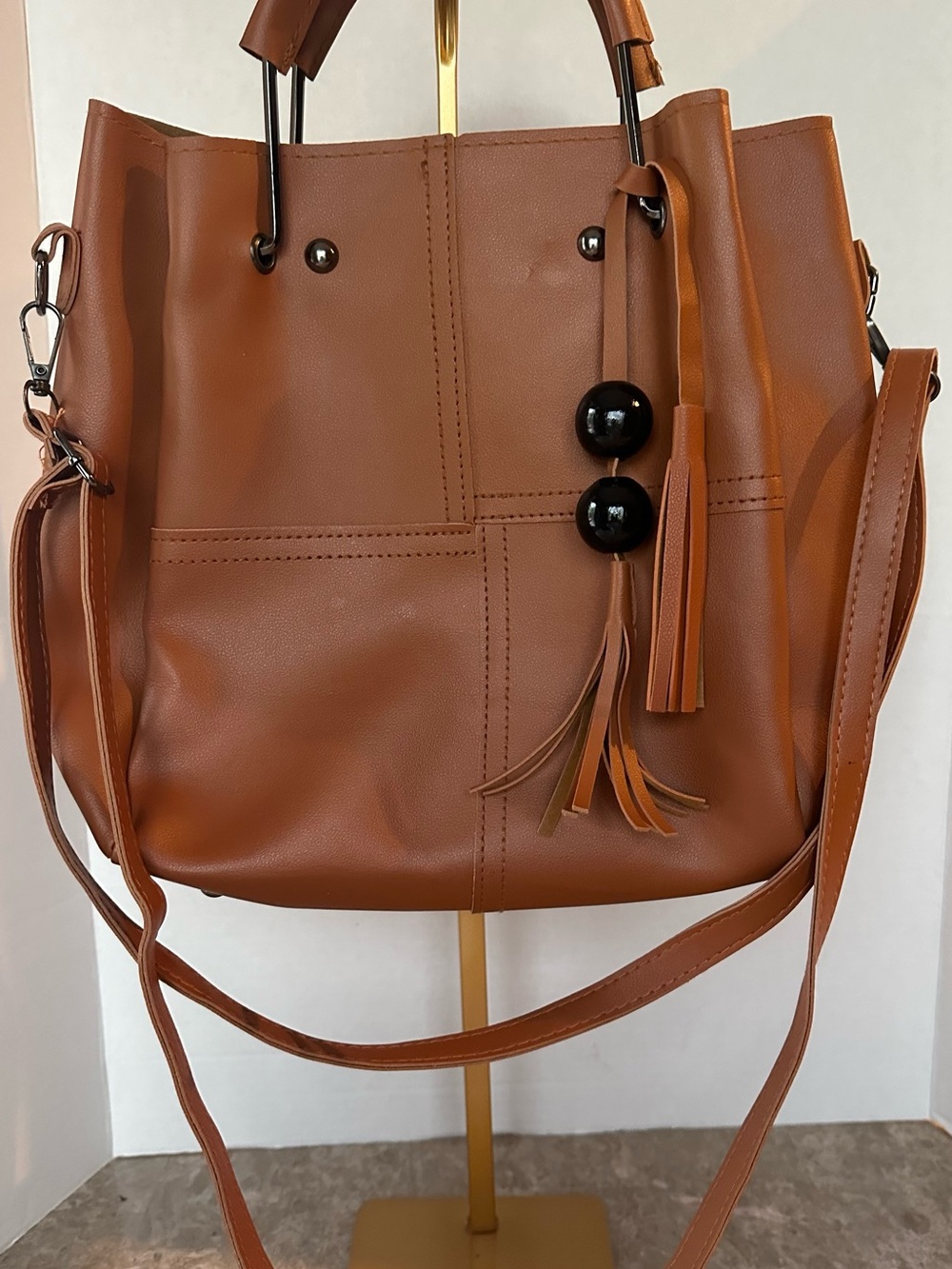 Boho Tan Vegan Leather Bucket Tassel Handbag Crossbody Slouchy Minimalist Purse
